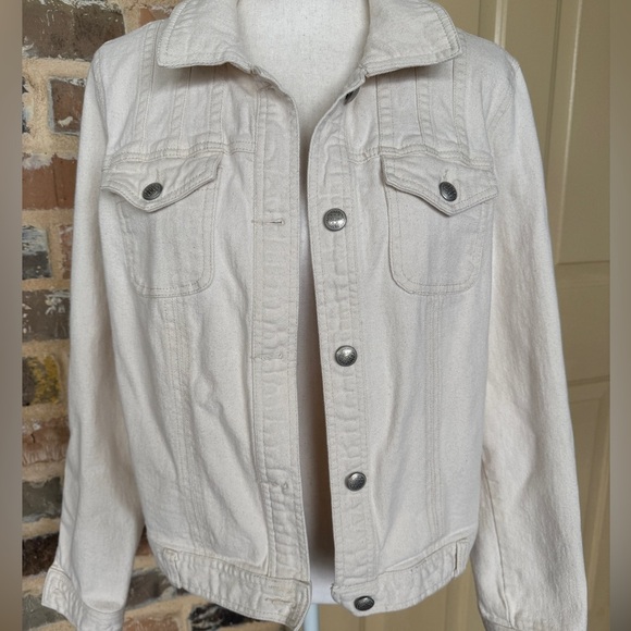 Skyes the Limit Off White Cropped Denim Jacket Stretch Silver Button LRG - Picture 3 of 11